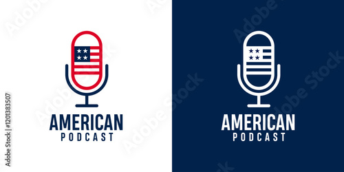 American podcast logo design symbol vector template. Microphone icon with american flag vector design illustration template.