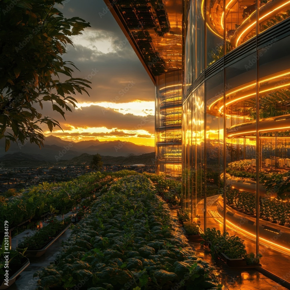 Fototapeta premium Modern Building with Sunset and Greenery View