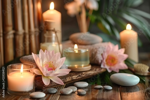 Spa treatment concept. A tranquil spa setting with candles, lotus flowers, and pebbles arranged on a wooden table, accompanied by towels, soaps, and body serums.