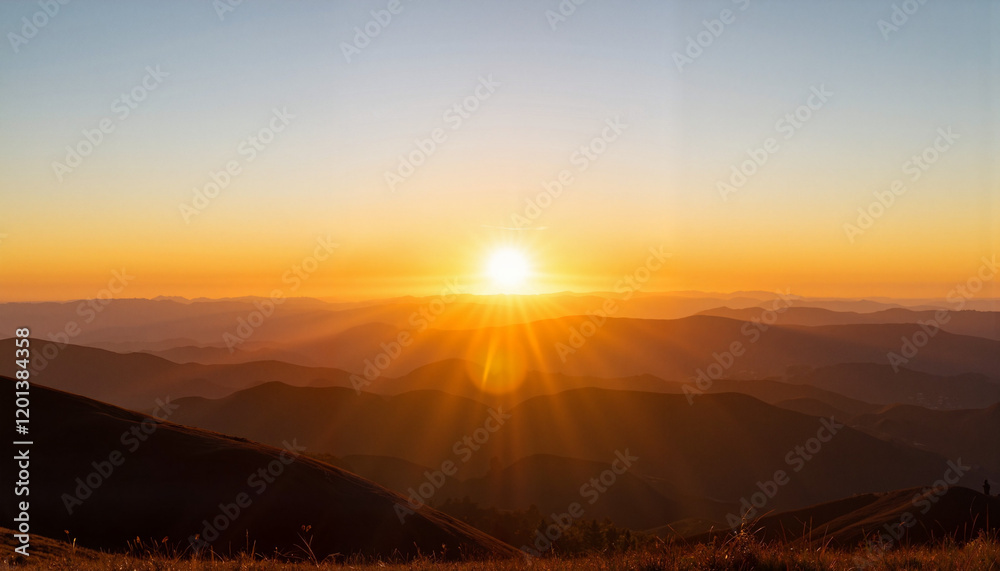 Obraz premium Radiant sunrise illuminating distant hills, serene morning landscape