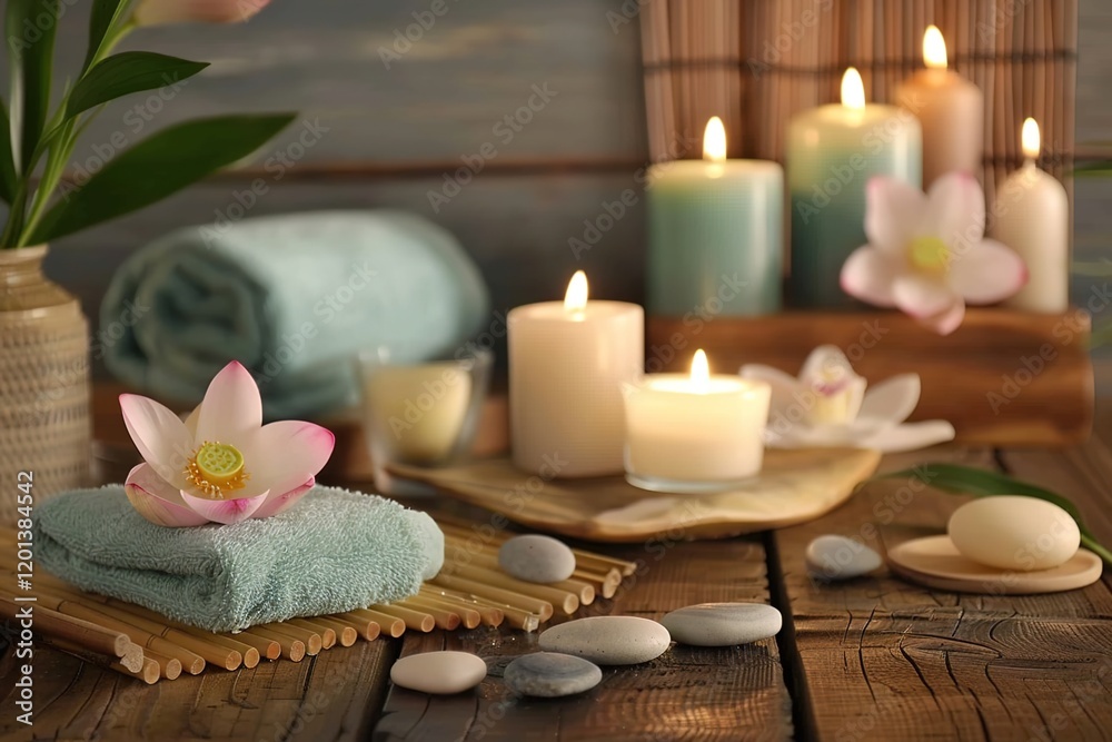 Spa treatment concept. A tranquil spa setting with candles, lotus flowers, and pebbles arranged on a wooden table, accompanied by towels, soaps, and body serums. Spa treatment concept. A tranquil spa setting with candles, lotus flowers, and pebbles arranged on a wooden table, accompanied by towels, soaps, and body serums.