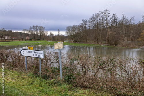 Normandy, France, Europe : Exterior photo view water floods due to climate change in fields creating damage disaster in agriculture environement