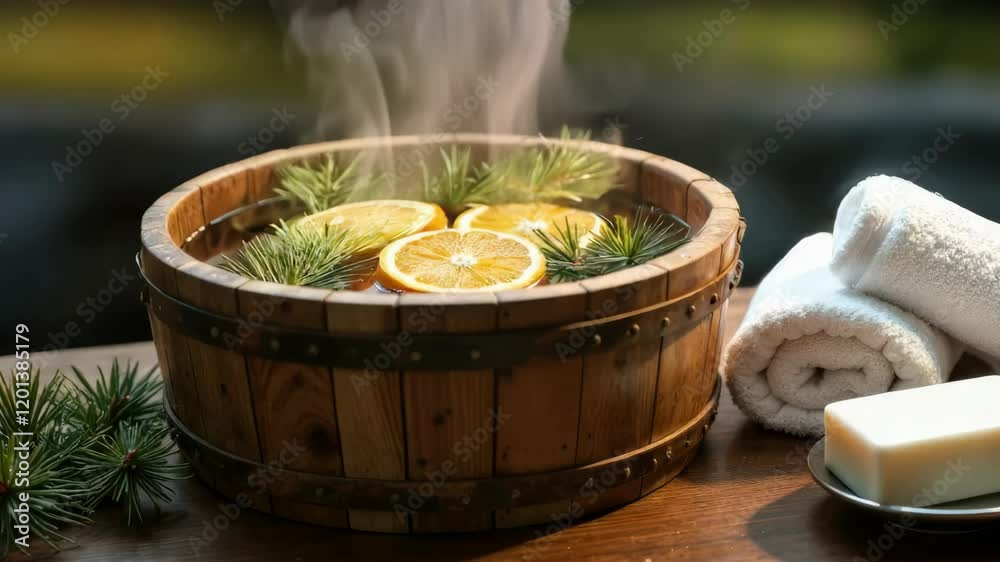 Wooden vat bath font with Water, with citrus and pine needles with steam. Sauna, steaming and phytotherapy with oranges Wooden vat bath font with Water, with citrus and pine needles with steam. Sauna, steaming and phytotherapy with oranges