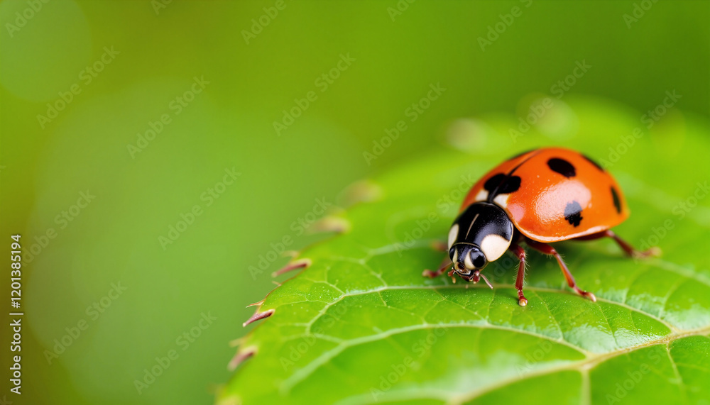 Ladybug crawling on green leaf, nature's delicate beauty Ladybug crawling on green leaf, nature's delicate beauty