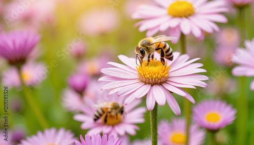 Bees pollinating vibrant flowers in a lively garden, nature's symbiosis