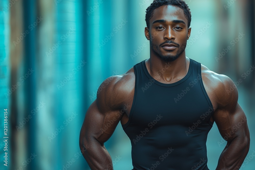 Fototapeta premium A fit athlete against a dark backdrop. A strong bodybuilder doing a workout