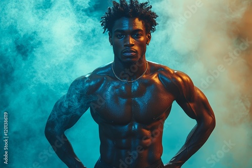 A muscular athlete training in a dimly lit setting. A powerful bodybuilder working out