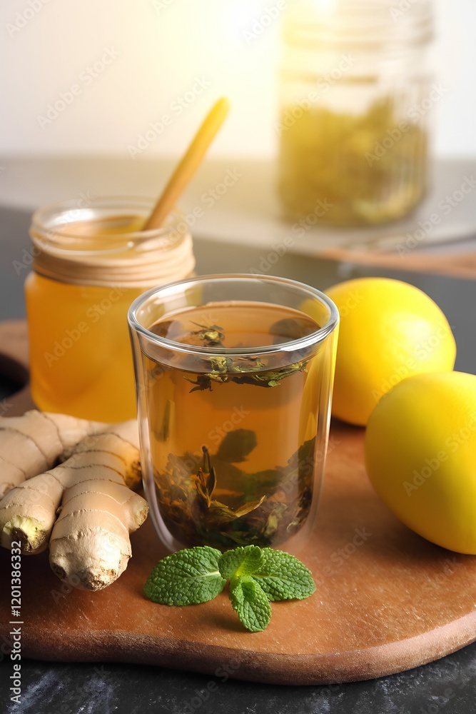 Fresh ginger tea with honey, lemon, and mint served on a wooden board in a cozy setting Fresh ginger tea with honey, lemon, and mint served on a wooden board in a cozy setting