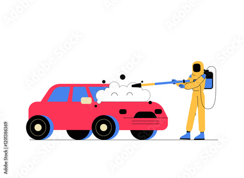 Red Car Being Disinfected By Worker In Protective Suit In Flat Vector Illustration Symbolizing Sanitization, Hygiene, And Safety, Isolated On White Background.