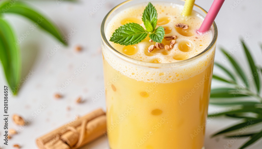 Refreshing tropical drink with straws and mint leaves, summer hydration Refreshing tropical drink with straws and mint leaves, summer hydration