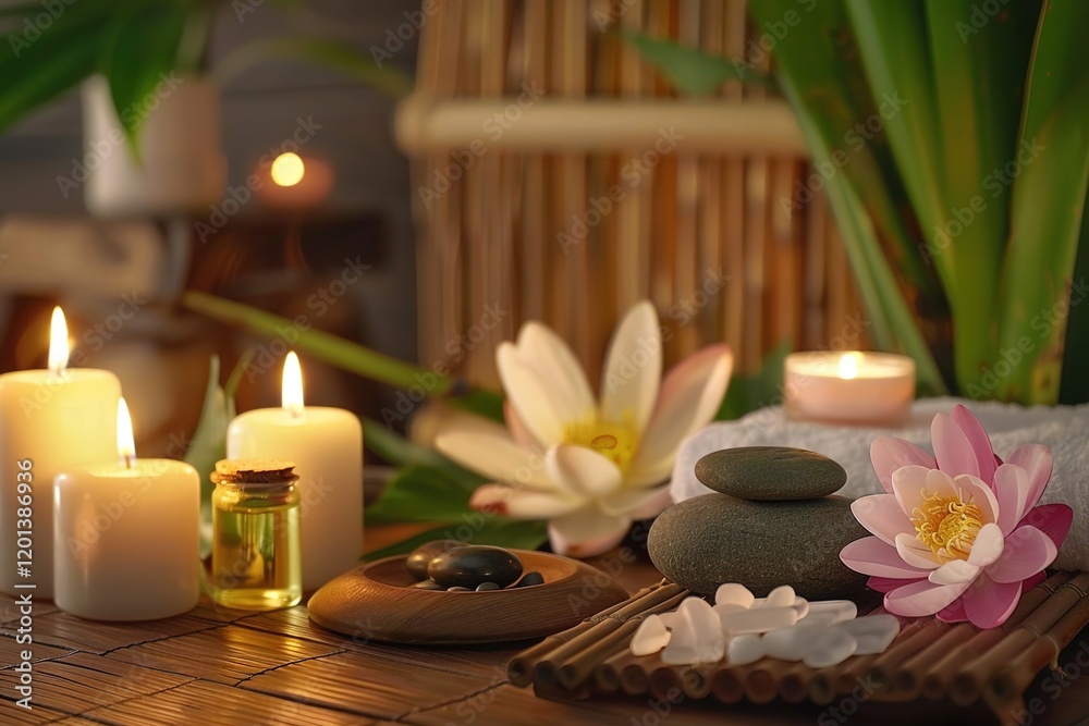 Spa treatment concept. A tranquil spa setting with candles, lotus flowers, and pebbles arranged on a wooden table, accompanied by towels, soaps, and body serums. Spa treatment concept. A tranquil spa setting with candles, lotus flowers, and pebbles arranged on a wooden table, accompanied by towels, soaps, and body serums.