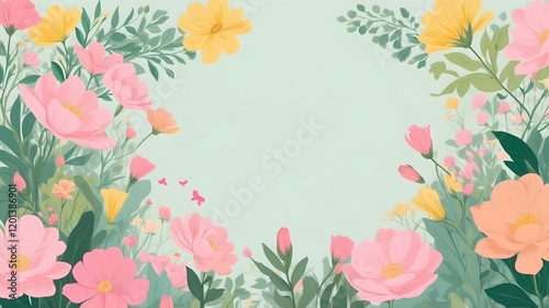 Spring floral frame with vibrant flowers and leaves surrounding a blank central space, copy space