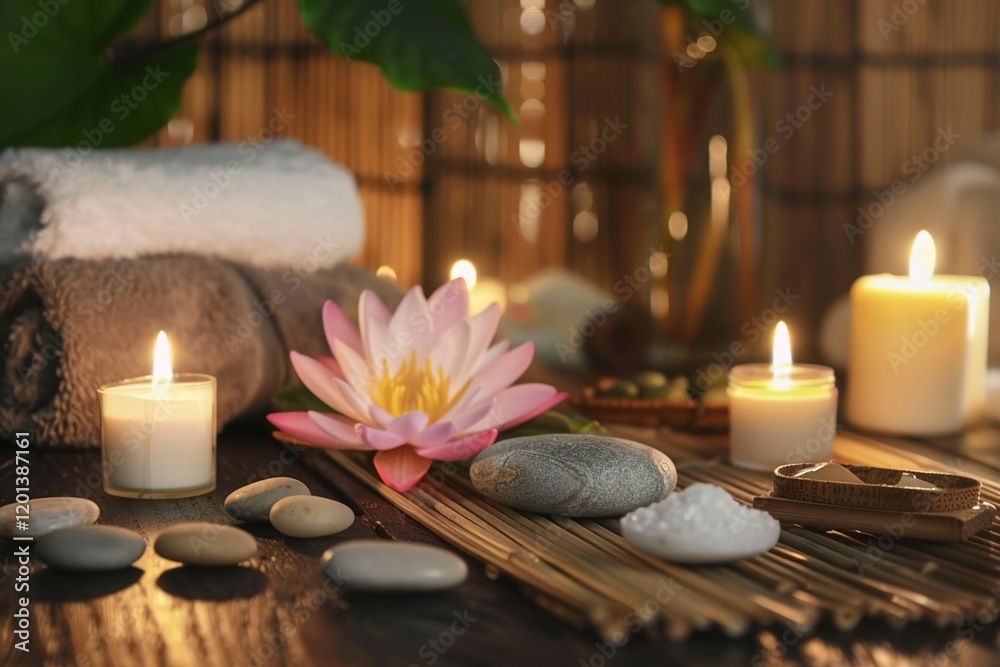 Spa treatment concept. A tranquil spa setting with candles, lotus flowers, and pebbles arranged on a wooden table, accompanied by towels, soaps, and body serums. Spa treatment concept. A tranquil spa setting with candles, lotus flowers, and pebbles arranged on a wooden table, accompanied by towels, soaps, and body serums.