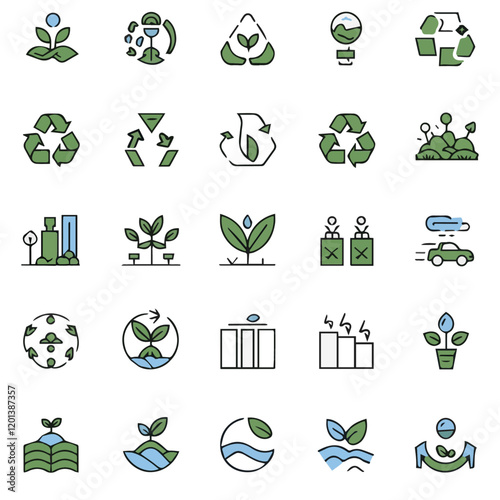 Minimalist line art of eco-friendly symbols highlighting sustainability, recycling, renewable energy, clean transport, and green initiatives