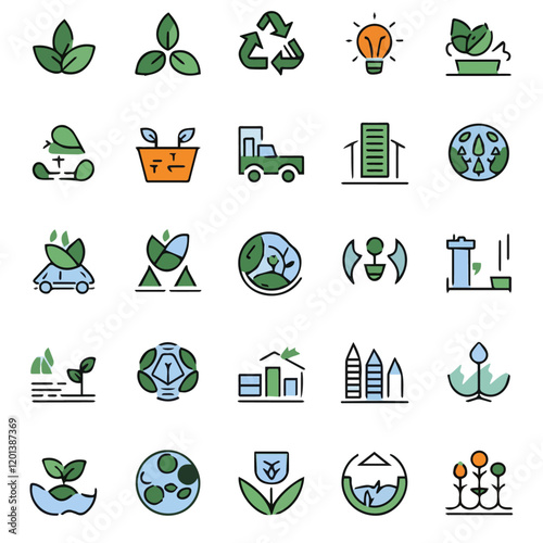 Minimalist line art of eco-friendly symbols highlighting sustainability, recycling, renewable energy, clean transport, and green initiatives