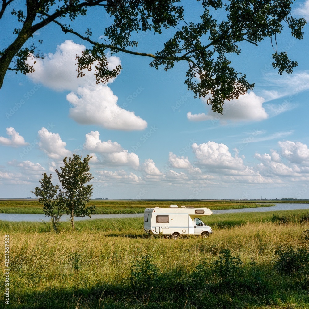 Mobile home beside tree under expansive blue sky Mobile home beside tree under expansive blue sky