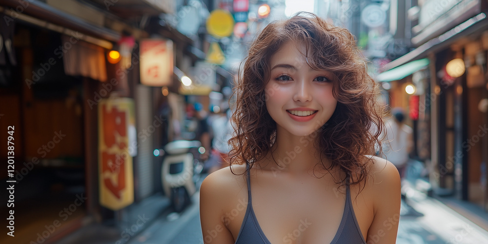 smile, portrait, Beautiful Japanese girl with curly hair, wearing a tank top, an Instagram model. street background smile, portrait, Beautiful Japanese girl with curly hair, wearing a tank top, an Instagram model. street background