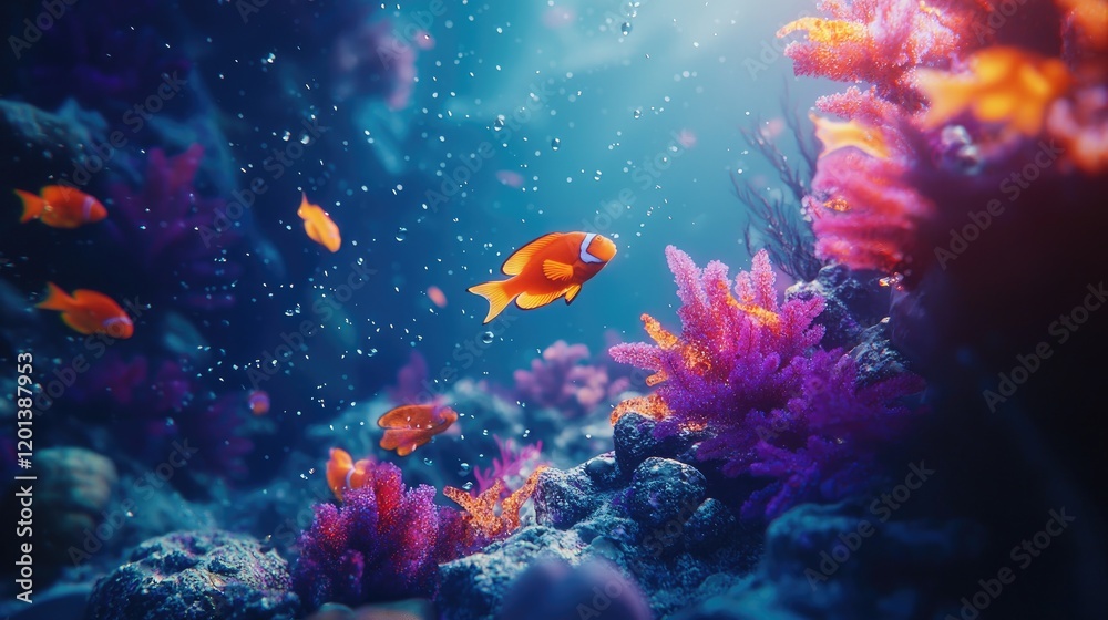 Naklejka premium Vibrant Underwater Scene Symphony of Orange Clownfish and Purple Coral