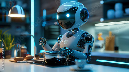 Robot de cocina futurista inteligente. Robot ayudante programado con IA para casas de particulares con diseño futurista y amigable.