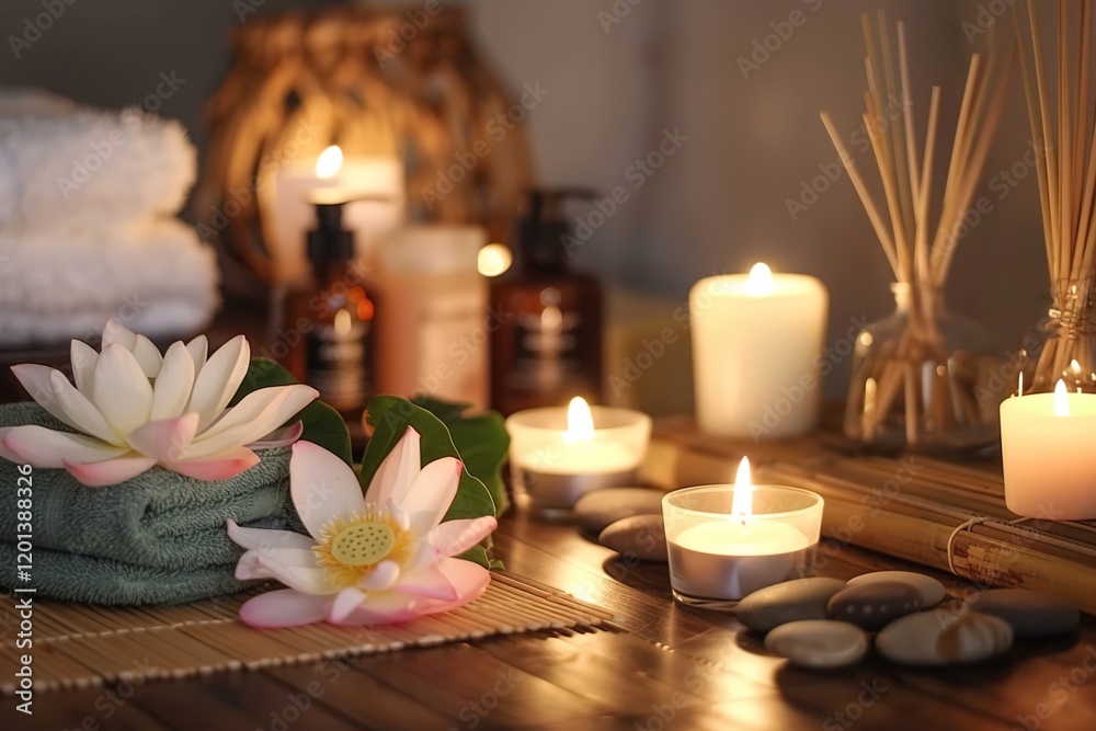 Spa treatment concept. A tranquil spa setting with candles, lotus flowers, and pebbles arranged on a wooden table, accompanied by towels, soaps, and body serums.