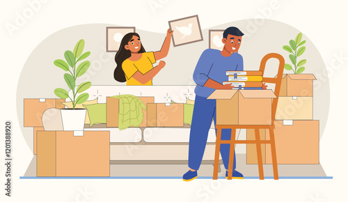 Couple Packing and Unpacking Boxes Illustration During Moving Process A couple in a living room packing or unpacking boxes amidst a moving scenario.