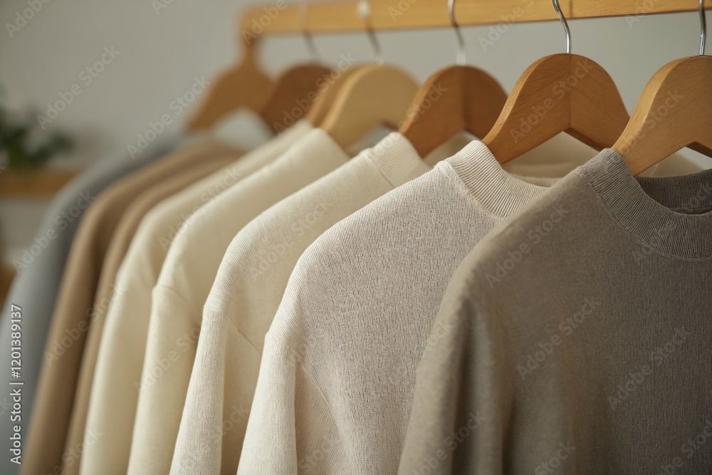 Obraz premium Neutral-colored sweaters on wooden hangers in a minimalist setting