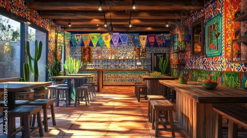 A vibrant Mexican cantina with bold