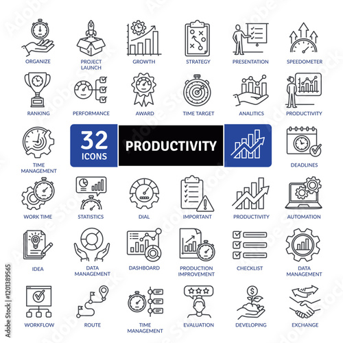 The efficiency of production of goods or services expressed by some measure. Productivity icon pack
