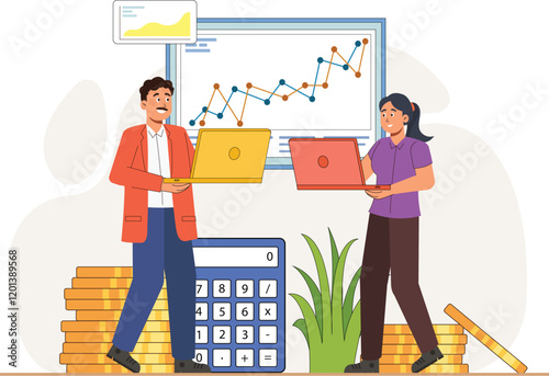 Finance Management with Data Analysis and Calculator Illustration A financial analyst working with a calculator and graphs to manage finances.