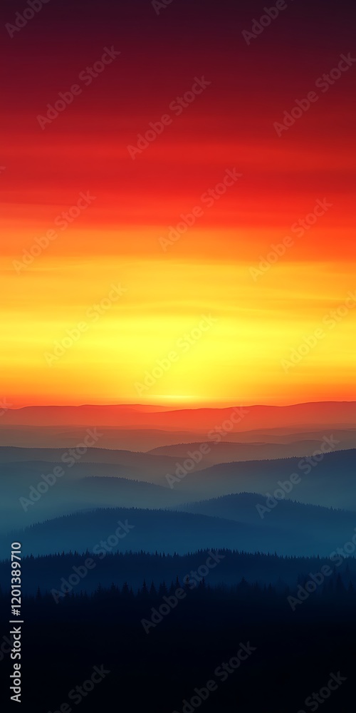 Obraz premium Vibrant sunset over layered hills.