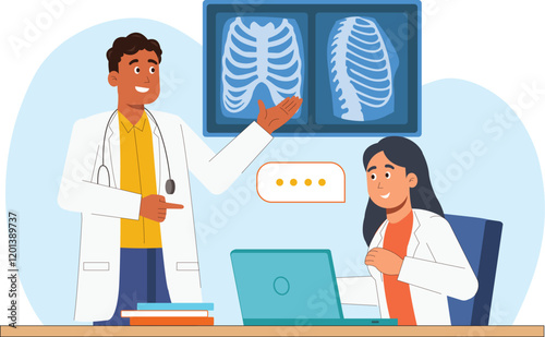 Healthcare and Medical Consultation Illustration with Doctor and X-ray A doctor holding or reviewing an X-ray with a patient seated for consultation. photo