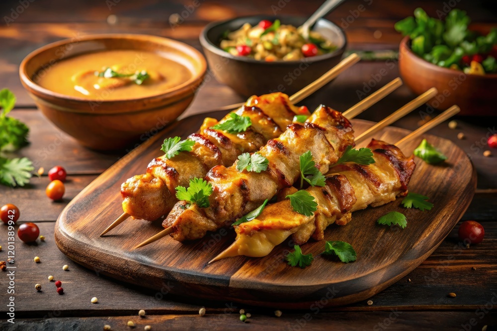 Savory chicken satay, bathed in creamy peanut sauce, shines under night's glow. Savory chicken satay, bathed in creamy peanut sauce, shines under night's glow.