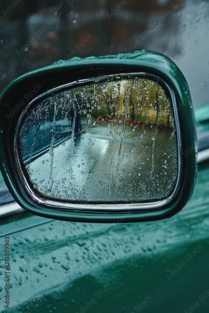 Green car's side mirror wet from the rain. Green car's side mirror wet from the rain.