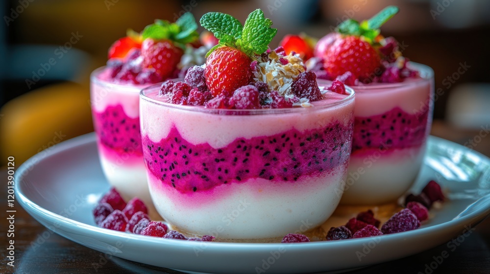 Three layered parfaits with yogurt, dragon fruit, raspberries, and strawberries. Three layered parfaits with yogurt, dragon fruit, raspberries, and strawberries.