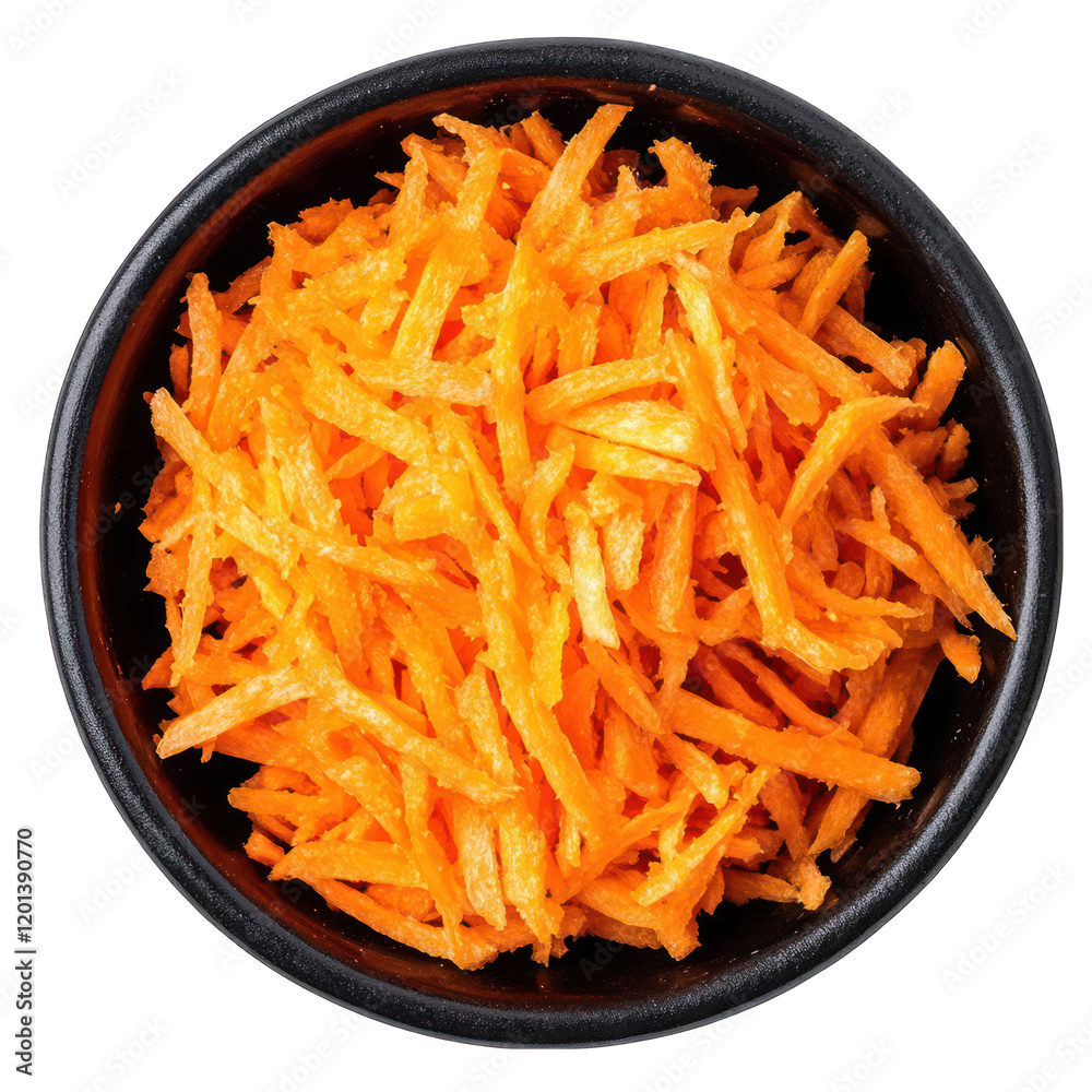 Top view of grated carrot on black bowl isolated on transparent background Top view of grated carrot on black bowl isolated on transparent background