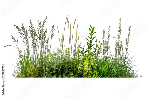 Lush Green Meadow Wildflower Patch with Varied Texture and Heigh Transparent Background, PNG photo