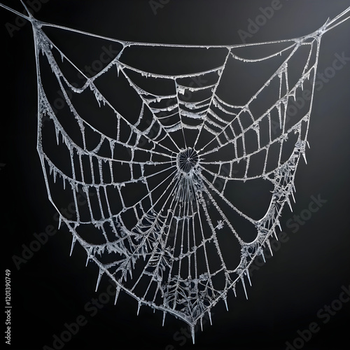 A delicate frozen cobweb, adorned with sparkling ice crystals.
