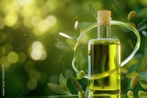 Chic olive oil bottle amidst swirling green elements photo