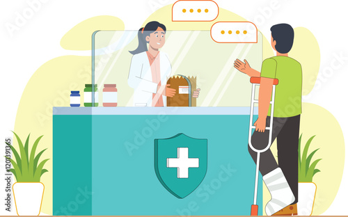 Pharmacy Consultation and Medication Pickup Illustration with Patient and Pharmacist A pharmacist handing over prescribed medication to a patient during consultation.