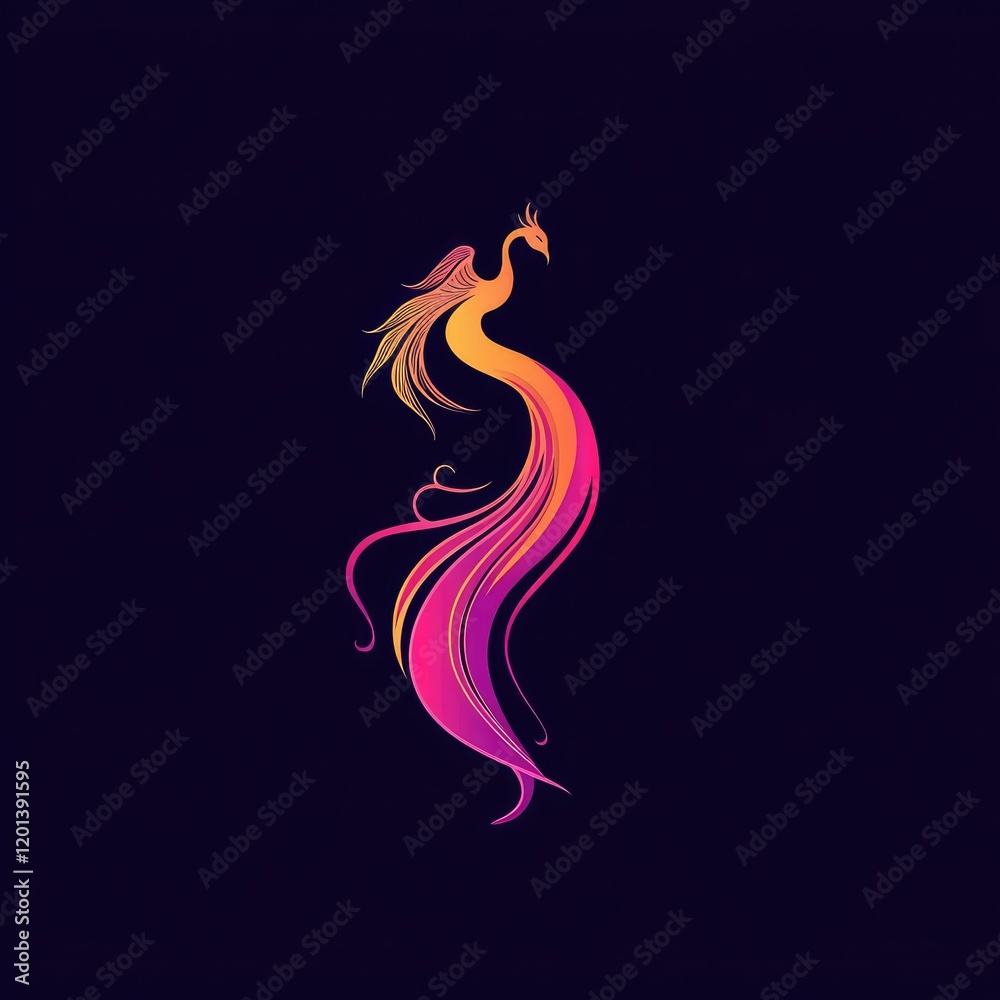 Elegant phoenix illustration with flowing colorful feathers against a dark background, symbolizing rebirth Elegant phoenix illustration with flowing colorful feathers against a dark background, symbolizing rebirth