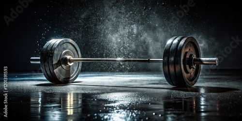 Steel weights gleam under dramatic low light, reflecting rain on a dark gym floor; raw strength.
