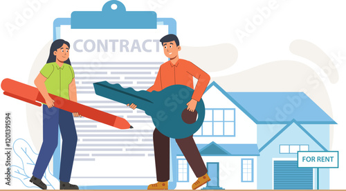 Property Renting with Key and Contract Signing Illustration A landlord and tenant signing a rental contract, with keys visible.