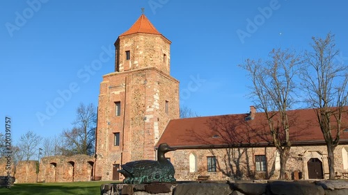 Castle Tower, sculpture associated with legend of golden duck. Toszek, Poland.