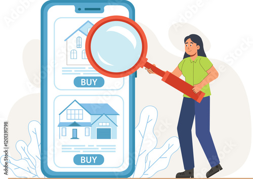 real estateReal Estate Illustration of Property Search on Mobile A mobile screen displaying property listings with images, prices, and details. property sale