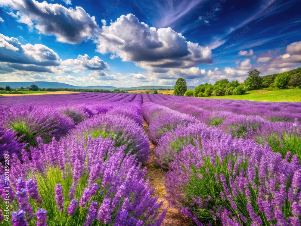 Obraz premium Sun-drenched lavender fields, vibrant purple blooms carpet green hills, a breathtaking panoramic view.