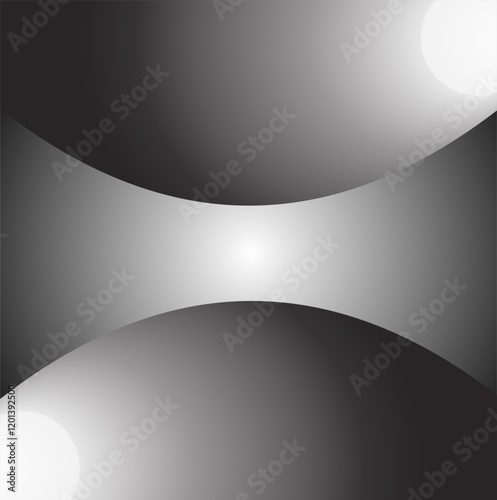 Wide curved screen on gradient black with grey and white background, Parallel universe or earth or planet close together in space with a sun shining, Two shiny metal sphere on empty space