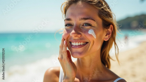 Wallpaper Mural Young woman applying sunscreen to her cheeks with a cheerful smile, beach-inspired background. Bright and vibrant tones. Torontodigital.ca