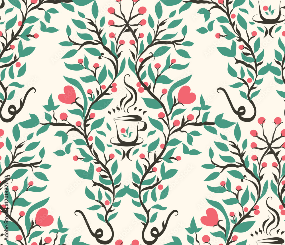 teatime charming repeating pattern with foliage and teacup, vector  