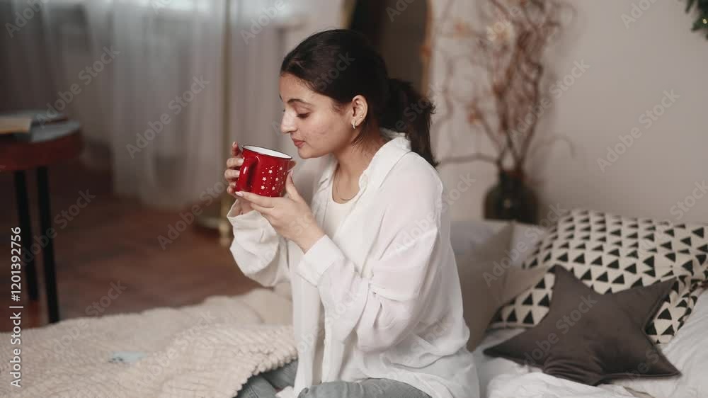 Portrait of charming young indian woman sitting on bed take sip drinking hot tea or coffee at cozy home Calm relaxed female enjoying weekend leisure time alone in the bedroom indoors