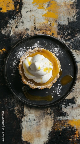 Hyper-quality professionnal photography, ultra detailed, Banana Cream Pie with creamy banana custard and fluffy whipped cream, captured on a rustic multicolor surface, smooth and indulgent